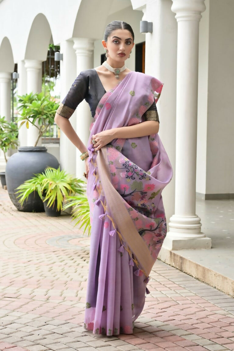 Vishnu Weaves Women's Lavender Muga Cotton Thread Weaving Saree with Blouse