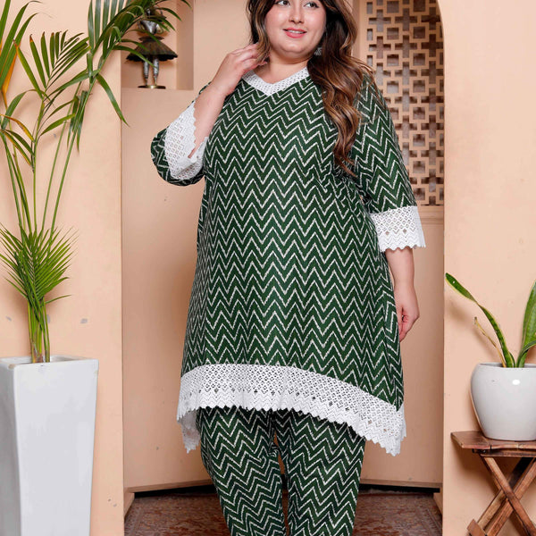 Miravan Womens Plus Size Green Rayon Zigzag Print Kurta with Palazzo set - Distacart