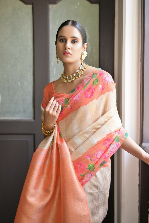Vishnu Weaves Women's Orange Banarasi Silk Saree with Blouse - Distacart