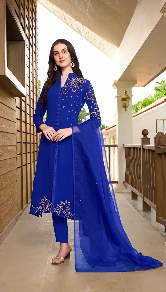 Nikhaar Blue Embroidered Georgette Straight Cut Readymade Pakistani Suit