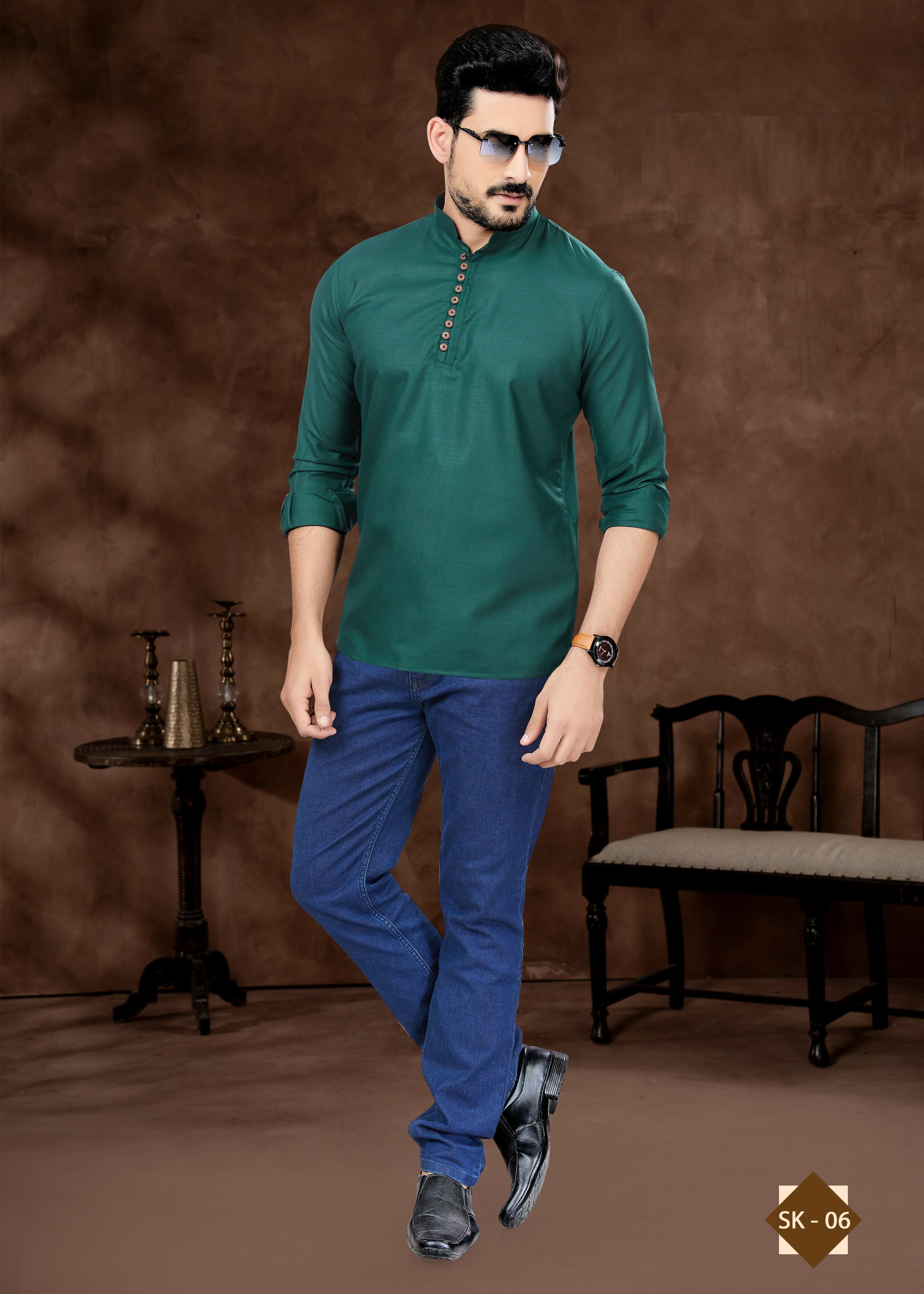 Joban Fashion Men's Pure Cotton Green Plain Short Kurta