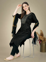 Thumbnail for Jyoti Fashion Women's Black Cotton Magic Slub Embroidery & Sequence work Kurta with Trouser & Dupatta - Distacart
