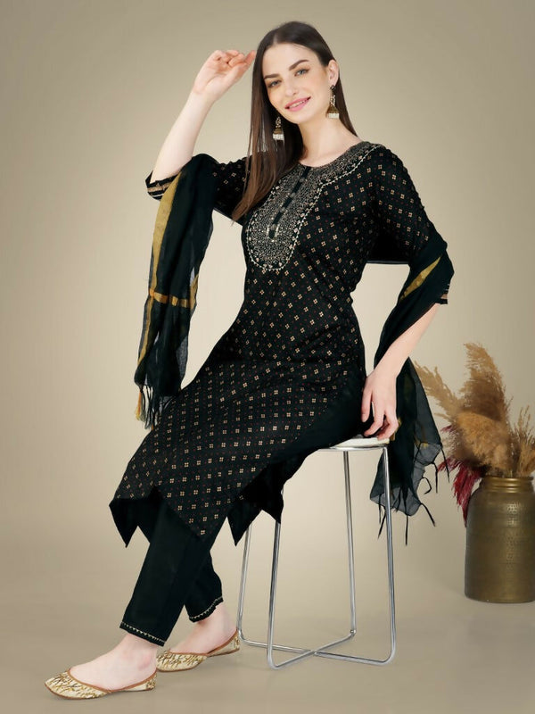 Jyoti Fashion Women's Black Cotton Magic Slub Embroidery & Sequence work Kurta with Trouser & Dupatta - Distacart
