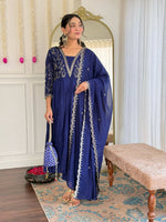 Thumbnail for The52 Blue Women's Beautiful Embroidered Vichitra Silk Fabric with Flared Kurta, Pant and Dupatta Set - Distacart