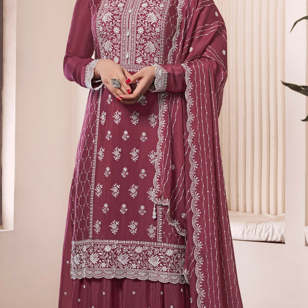Anaita Maroon Embroidered Work Silk Stitched Sharara suit - Distacart