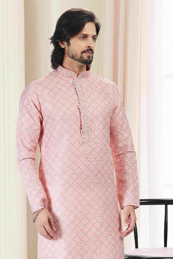 Raivat Ethnic Cotton Thread Work Kurta Pajama In Peach Colour - Dista