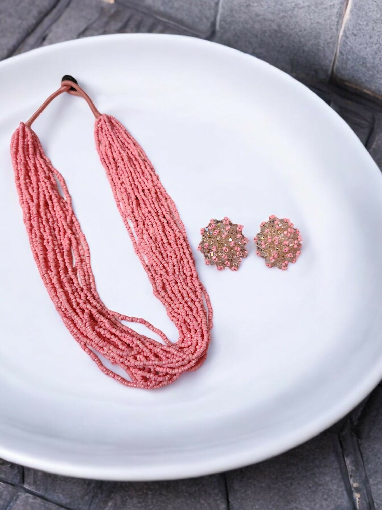 Inhanns Vibrant Handmade 20 Layers Beaded Necklace With Matching Earrings - Light Pink - Distacart