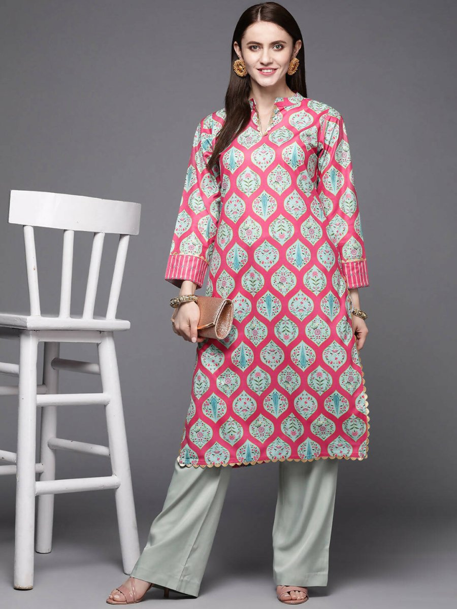 Ahalyaa Women Pink & Sea Green Floral Printed Gotta Patti Velvet Kurta - Distacart