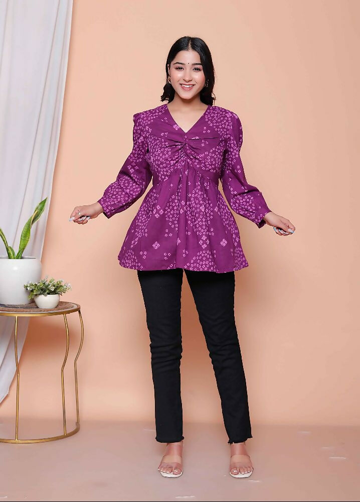 Miravan Womens Purple Bandhani Printed Butterfly Style Top - Distacart