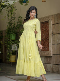 Thumbnail for Kaajh Women's Yellow Mirror Embroidered Cotton Dress - Distacart