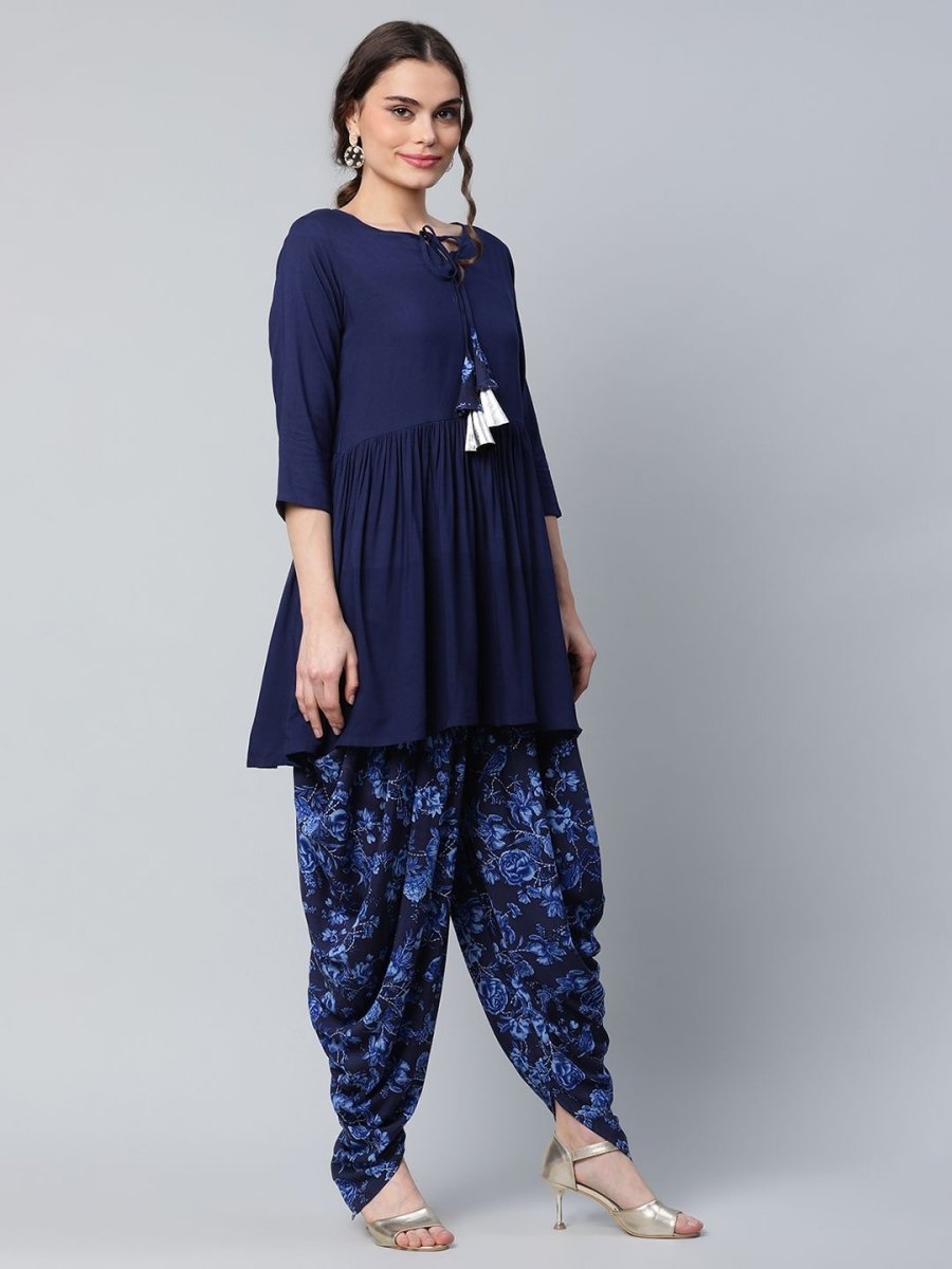 Ahalyaa Women Navy Blue Rayon Floral Empire Kurti with Dhoti Pants - Distacart