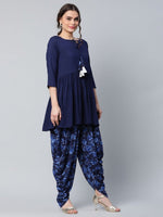 Thumbnail for Ahalyaa Women Navy Blue Rayon Floral Empire Kurti with Dhoti Pants - Distacart