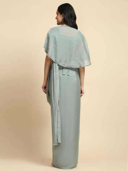 Sea Green Chiffon Solid Ready to wear Saree with stitched Blouse - Aayan - Distacart