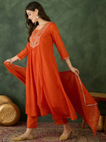 Thumbnail for The52 Orange Women's Gorgeous Embroidered Chinon Fabric Flared Kurta Pant and Dupatta Set - Distacart