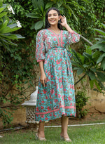 Thumbnail for Kaajh Women's Green Hand Block Printed Dress - Distacart