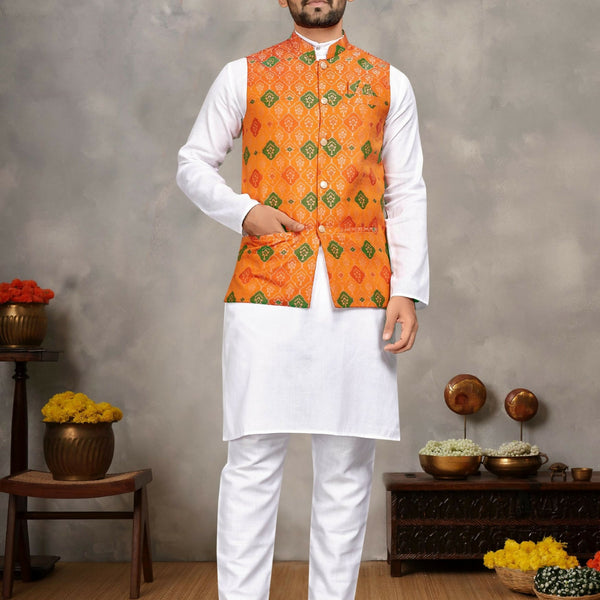 Anaita Orange Cotton Straight Kurta Pajama & Koti With Jequard Work - Distacart