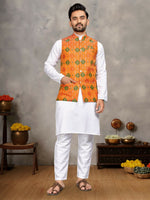 Thumbnail for Anaita Orange Cotton Straight Kurta Pajama & Koti With Jequard Work - Distacart