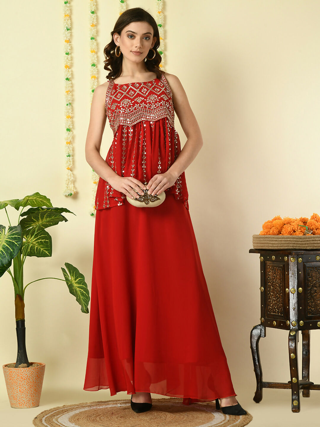 Myshka Women's Red Georgette Top With Skirt Party Sets - Distacart