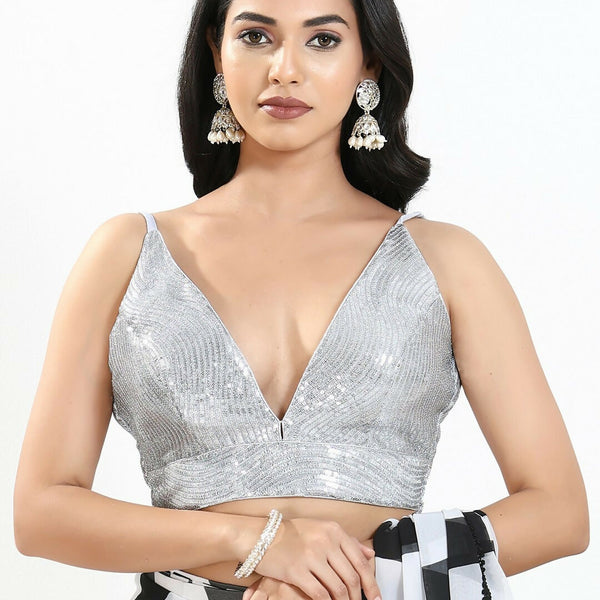 Joban Fashion Silver Sequin Padded Blouse With V Neck Sleeveless