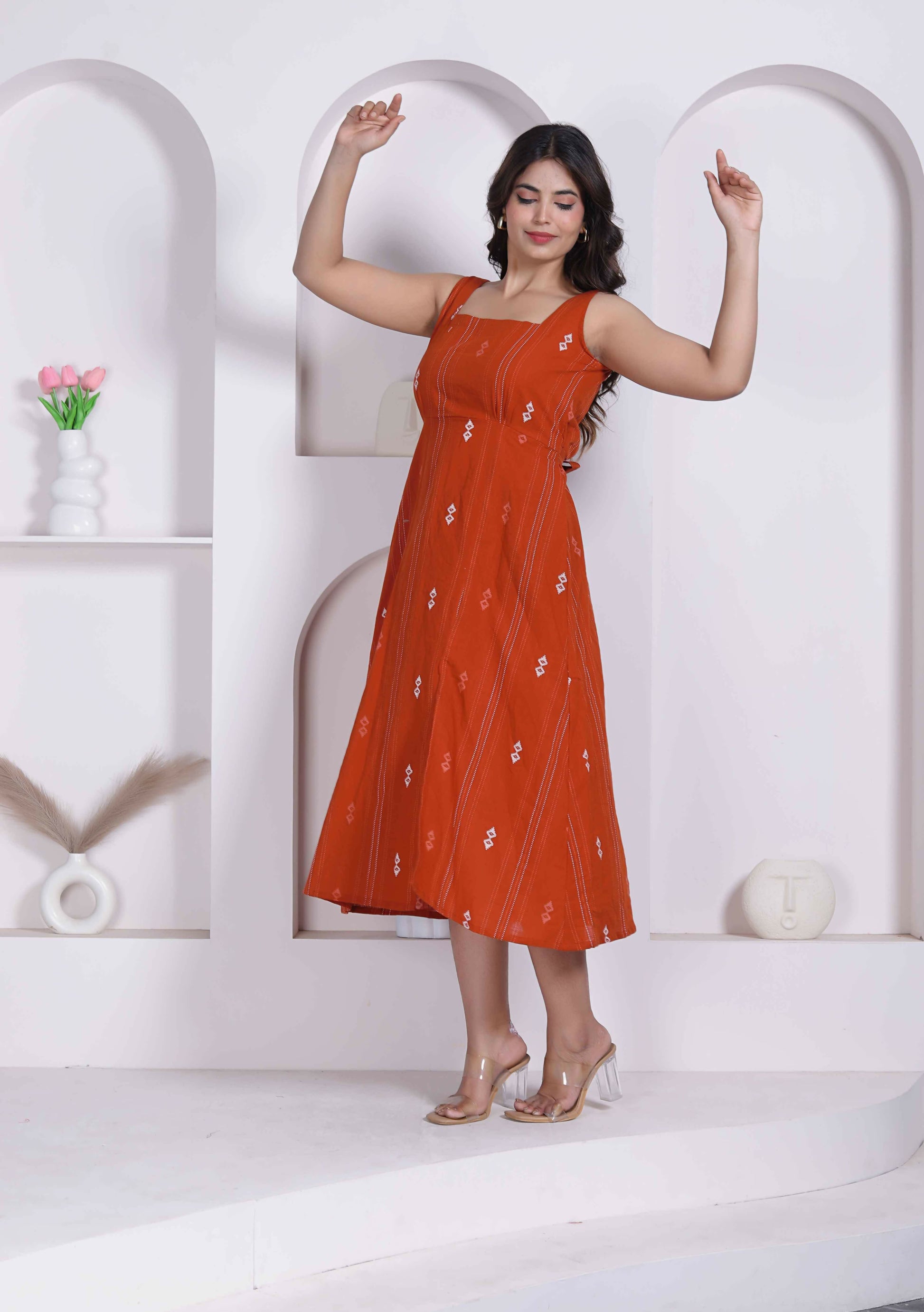 Miravan Womens Abstract Printed Rust ALine Maxi Dress - Dista