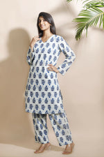 Thumbnail for Breathables Women’S Cream Cotton Indian Motif Butta Loungewear Co-Ord Set – Long Kurta & Pants - Dista