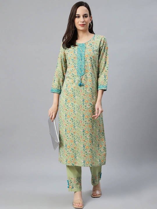 Anubhutee Green & Blue Printed Kurta with Trousers - Distacart