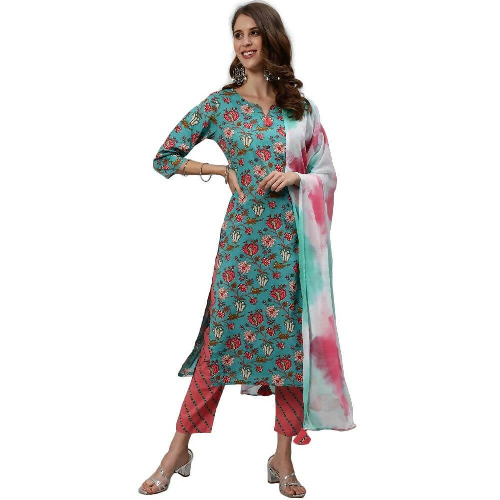 Anubhutee Women's Cotton Regular Floral Printed Green Kurta Set - Distacart