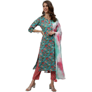 Anubhutee Women's Cotton Regular Floral Printed Green Kurta Set - Distacart