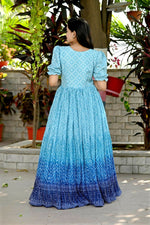 Thumbnail for Jyoti Fashion Women's Sky Blue Bandhej Print with Crush Pleating Muslin Anarkali Dress - Distacart