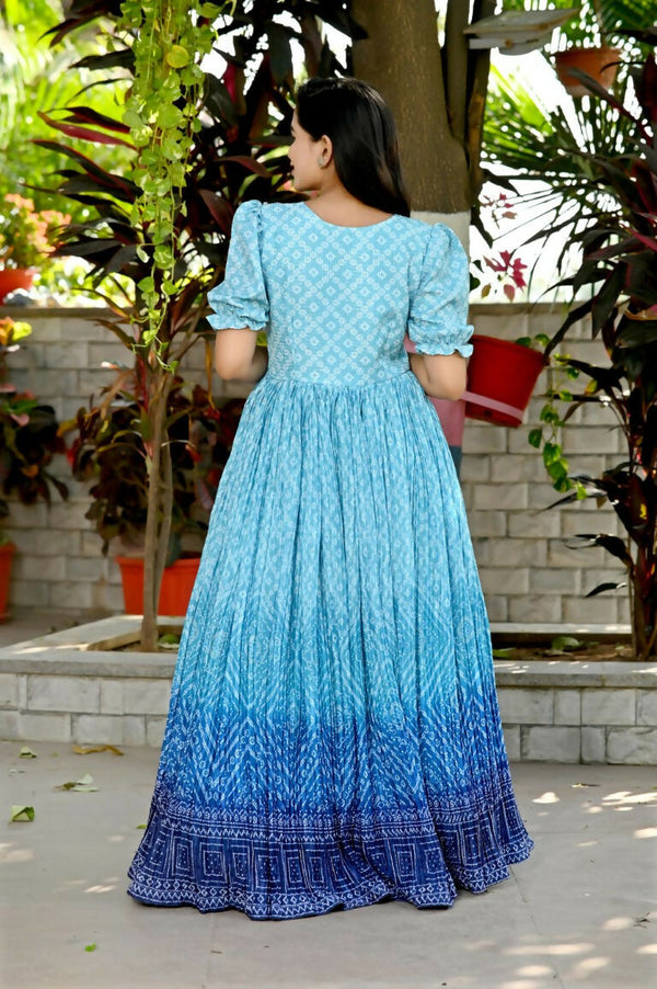 Jyoti Fashion Women's Sky Blue Bandhej Print with Crush Pleating Muslin Anarkali Dress - Distacart