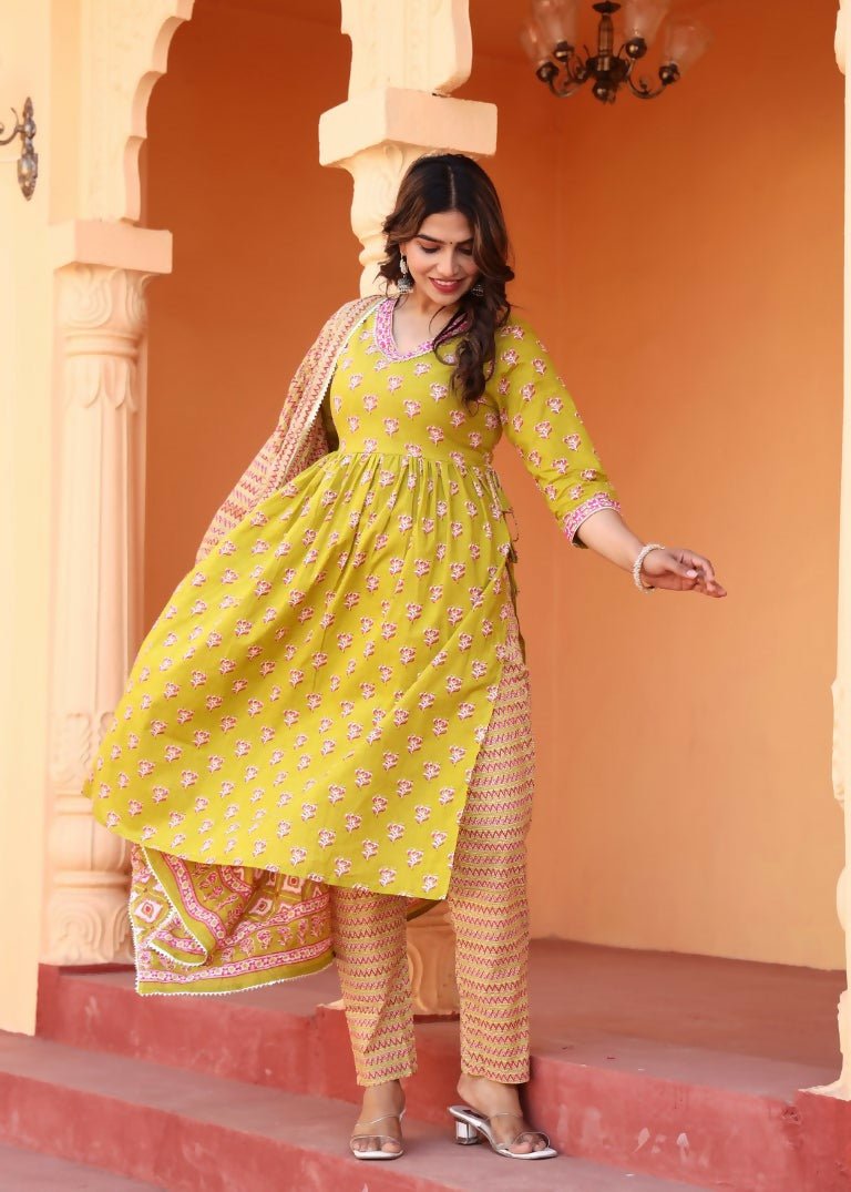 Alvano Printed Naira Cut Kurti Kurti with Pant and Dupatta Set for Women's and Girls Cotton - Distacart