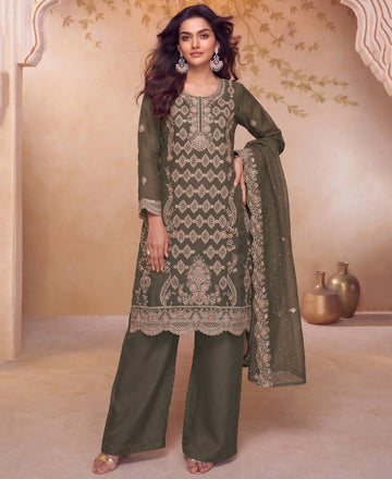 KC Heavy Embroidery Worked Two Ton Moss Silk Grey Suit For Women - Dista