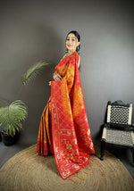 Thumbnail for Joban Fashion Yellow And Red Geometric Pattern Soft Silk Patola Saree - Distacart