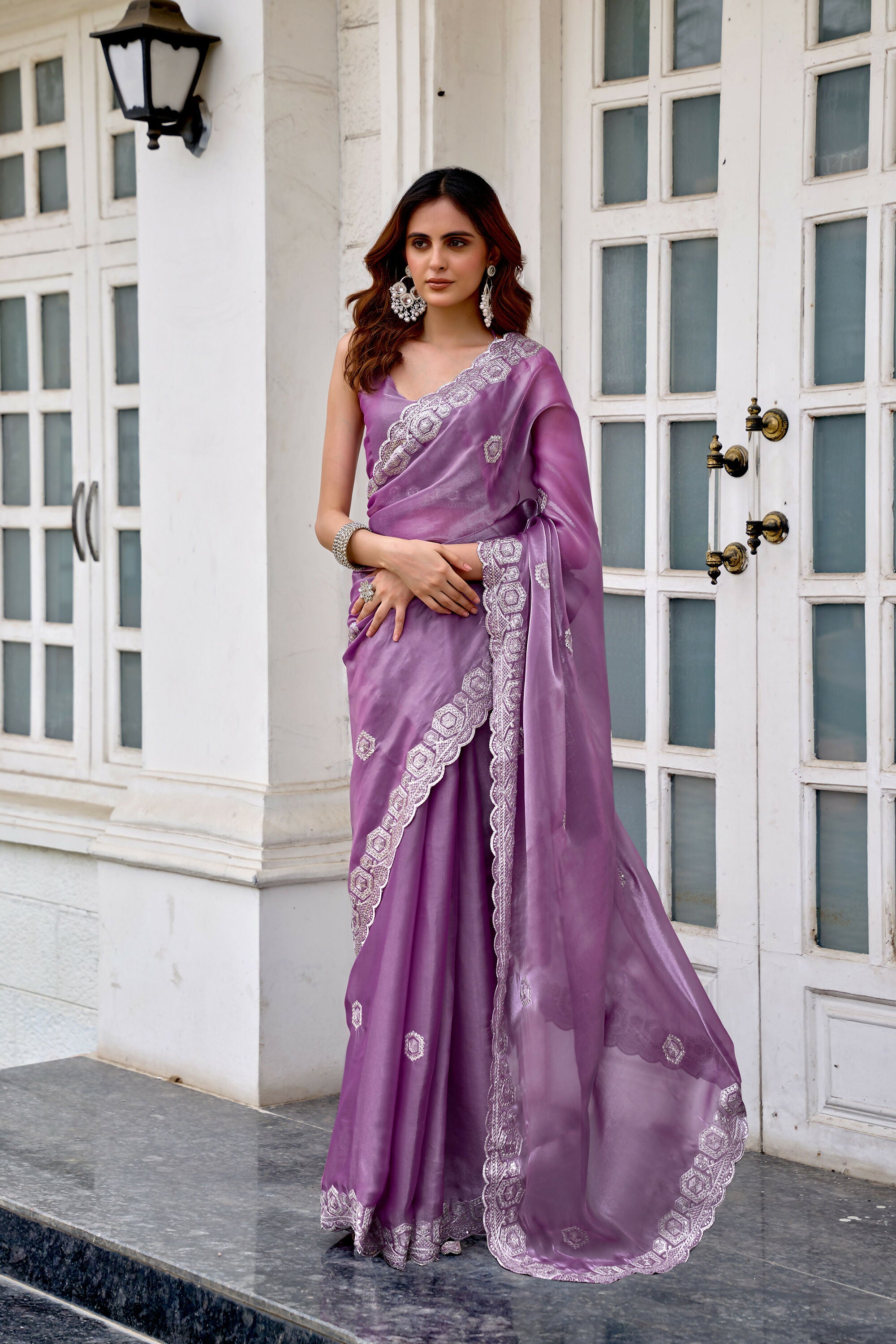Vastranavya Lavender Embroidery Work Shimmer Chiffon Saree with Unstitched Blouse