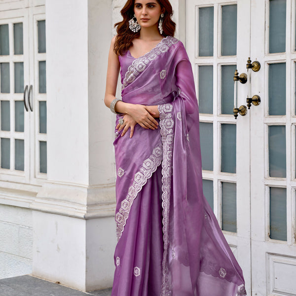 Vastranavya Lavender Embroidery Work Shimmer Chiffon Saree with Unstitched Blouse