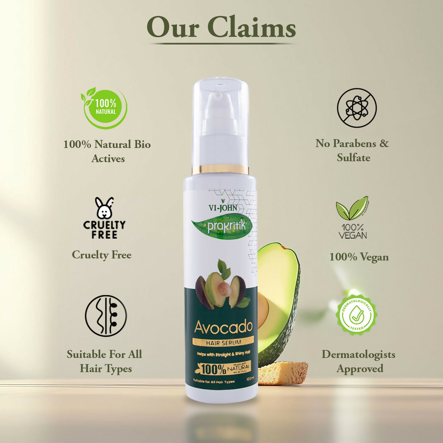 VI-JOHN Prakritik Avocado Hair serum Prevents dryness & Adds shine, 100% Natural Bio-Actives