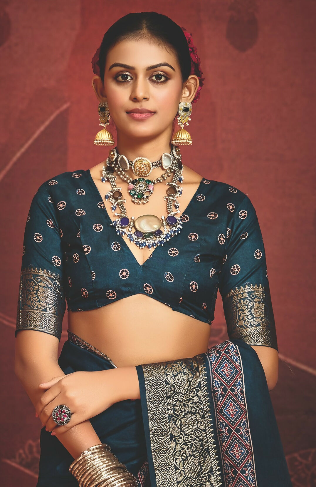 Joban Fashion Teal Blue Art Silk With Fine Viscose Border Ajrak Full Body Print With Soft Finish Saree