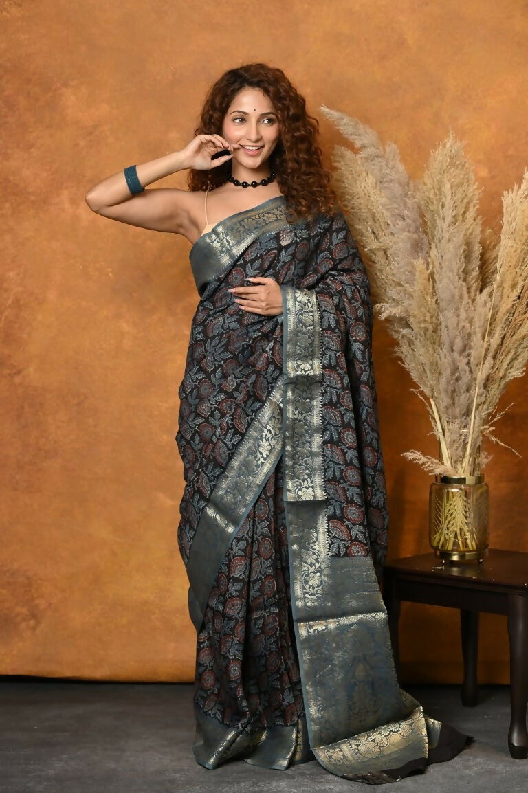 Very Much Indian Modal Silk Ajrakh Handblock Printed Natural Dyes With Designer Border Saree - Blue - Distacart