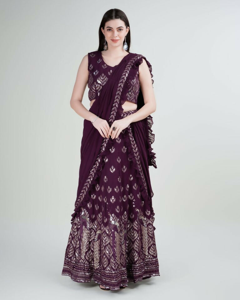 Purple Georgette Sequence Embroidered Lehenga Choli with Dupatta - Tanya - Distacart