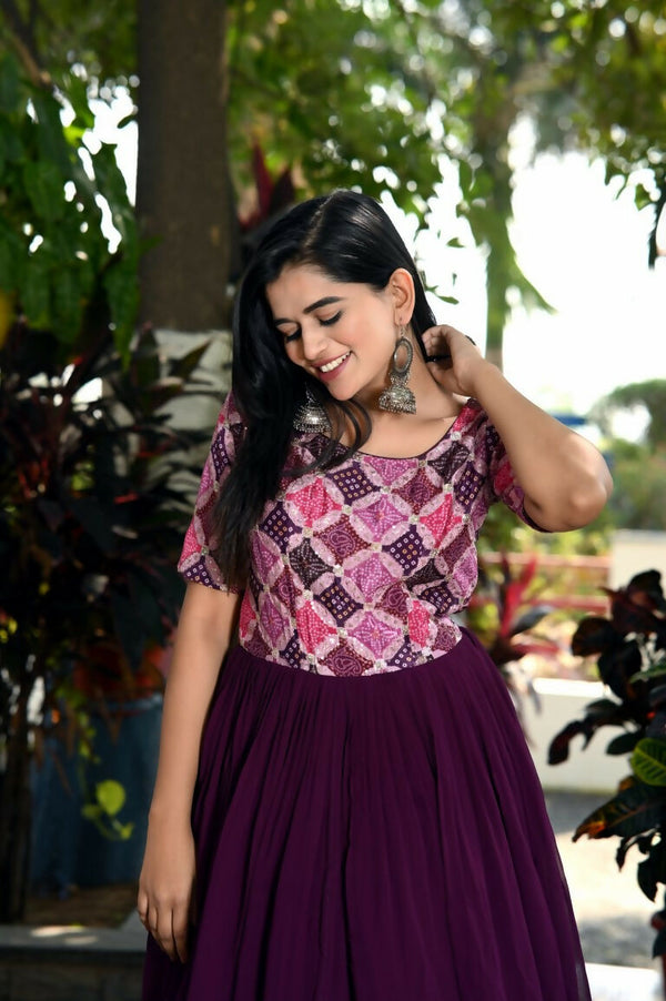 Jyoti Fashion Women's Wine Printed with Sequins Faux Blooming Anarkali Dress - Distacart