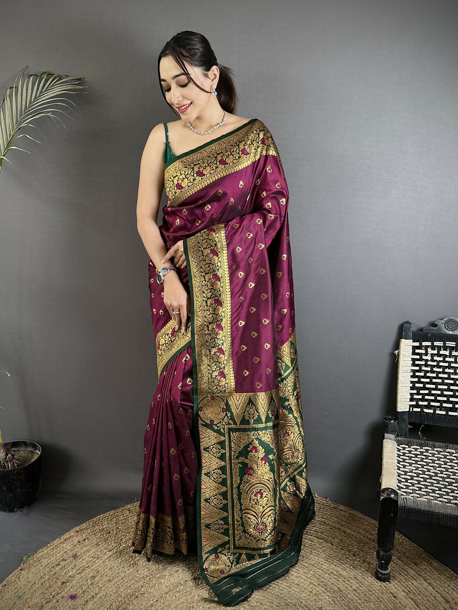 Joban Fashion Wine Intricate Motifs Soft Silk Banarasi Saree - Dista