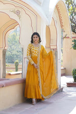 Thumbnail for Aastha Fashion Women's Yellow Faux Georgette Jacquard with Sequins Embroidered Anarkali Dress with Dupatta - Distacart