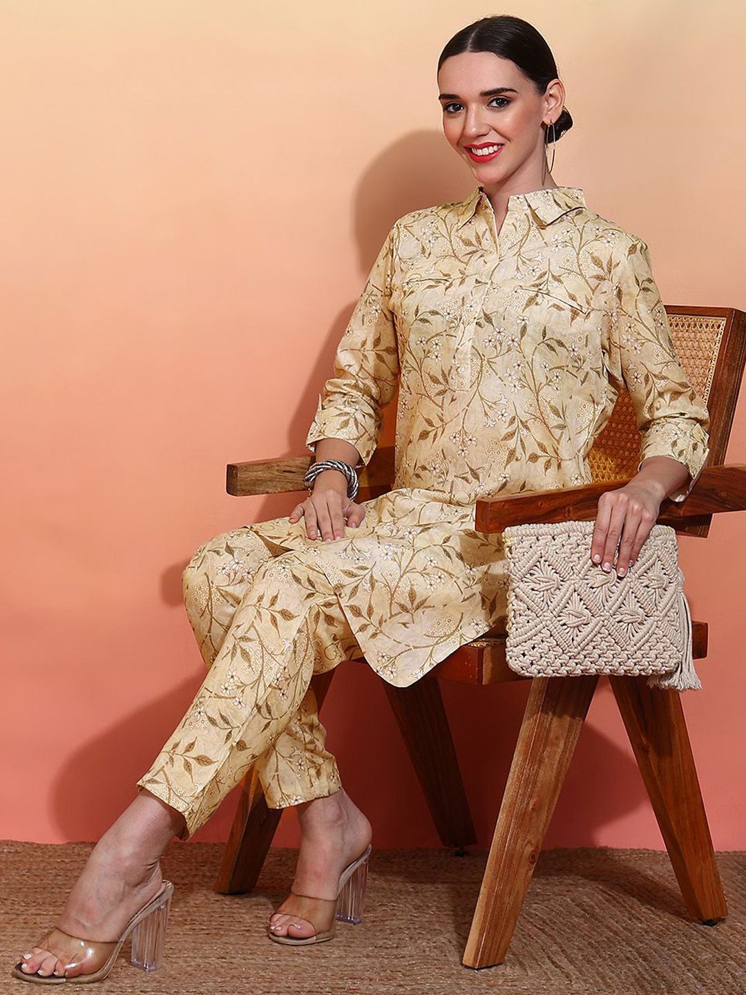 Ode by House of Pataudi Women Printed Regular Linen Kurta with Trousers - Distacart
