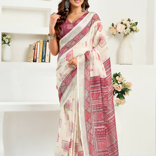 Vastranavya White Maroon Digital Printed Linen Ready To Wear Designer Saree with Unstitched Blouse - Distacart