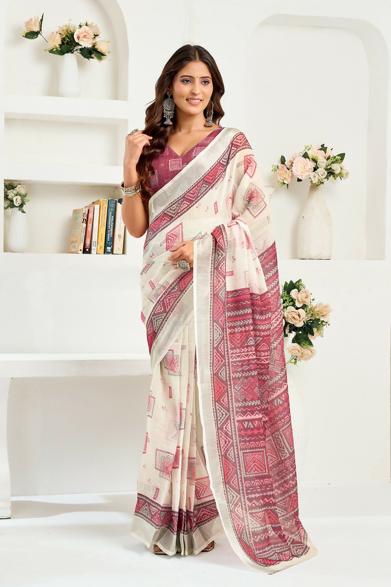 Vastranavya White Maroon Digital Printed Linen Ready To Wear Designer Saree with Unstitched Blouse - Distacart