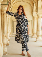 Thumbnail for Kalini Abstract Printed Shirt Collar Pure Cotton A-Line Kurta with Trousers - Distacart