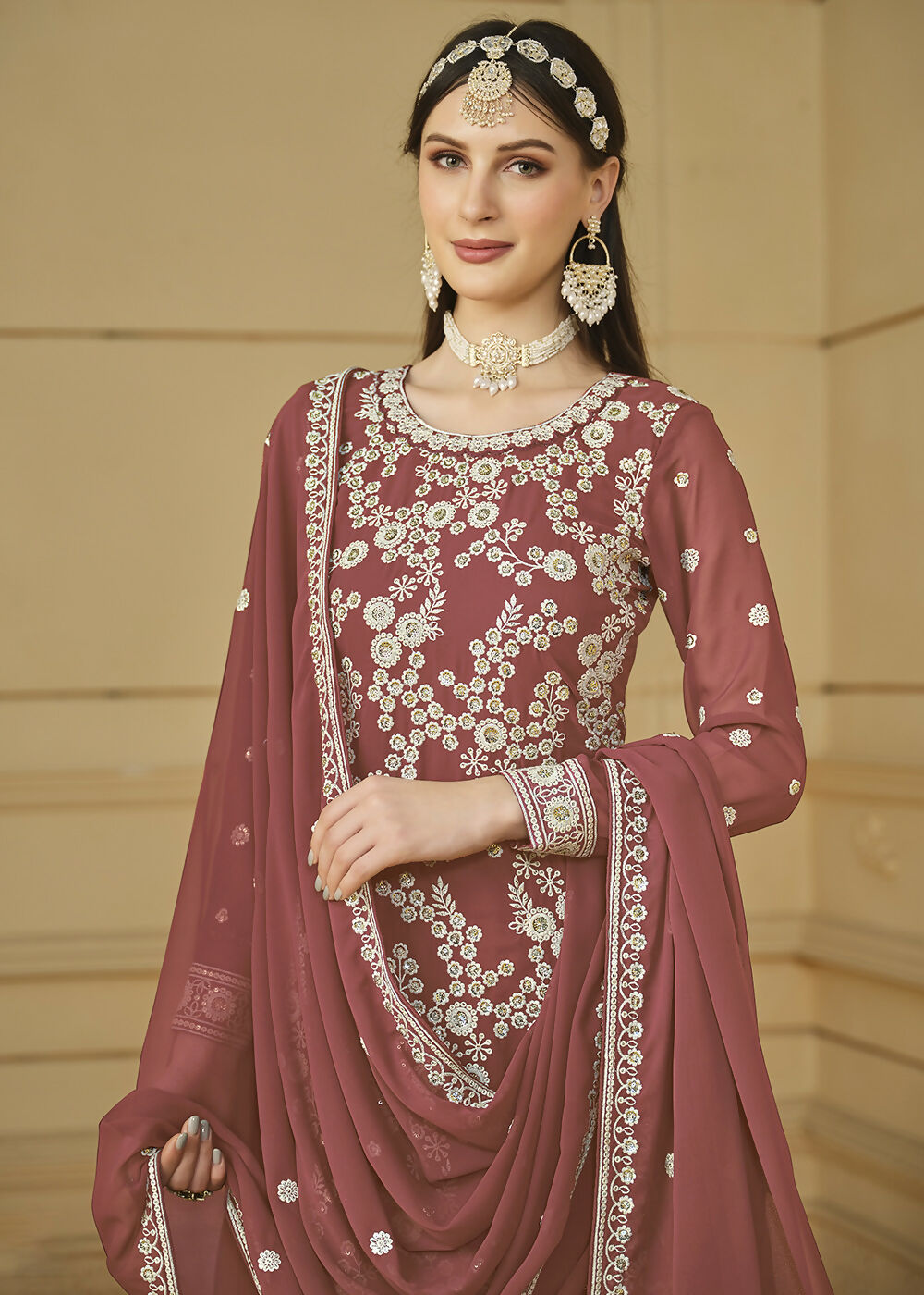 Rust Brown Embroidered Georgette Gharara Style Suit - Emponline - Distacart