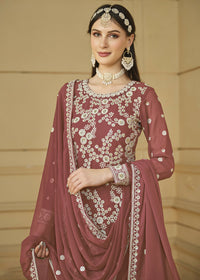 Thumbnail for Rust Brown Embroidered Georgette Gharara Style Suit - Emponline - Distacart