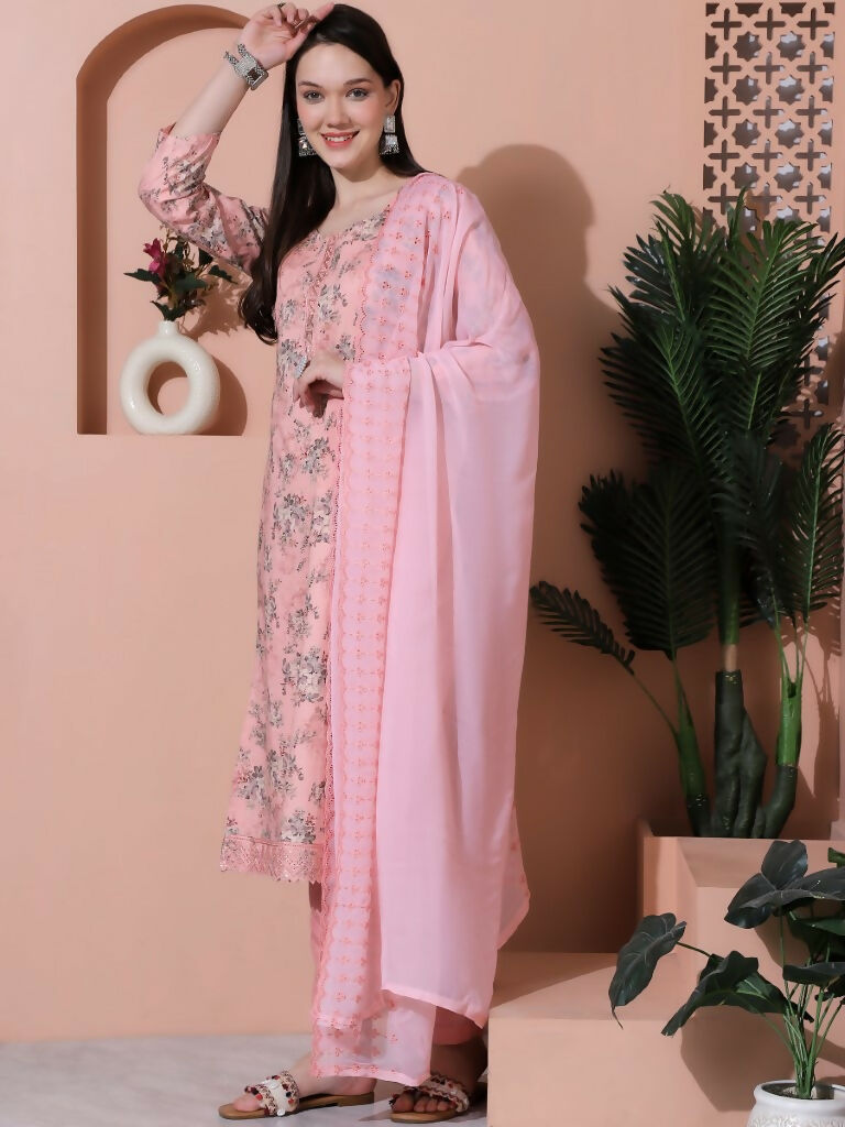 Jyoti Fashion Women's Pink Cotton Floral Digital Printed Kurta with Trouser & Dupatta - Distacart