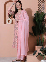 Thumbnail for Jyoti Fashion Women's Pink Cotton Floral Digital Printed Kurta with Trouser & Dupatta - Distacart